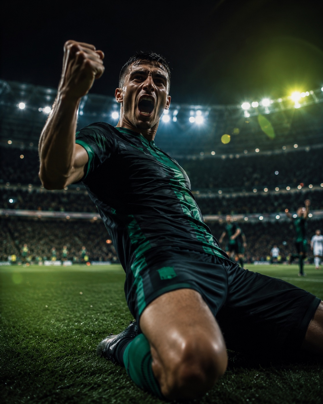 Jogador de futebol comemorando gol em estádio lotado à noite